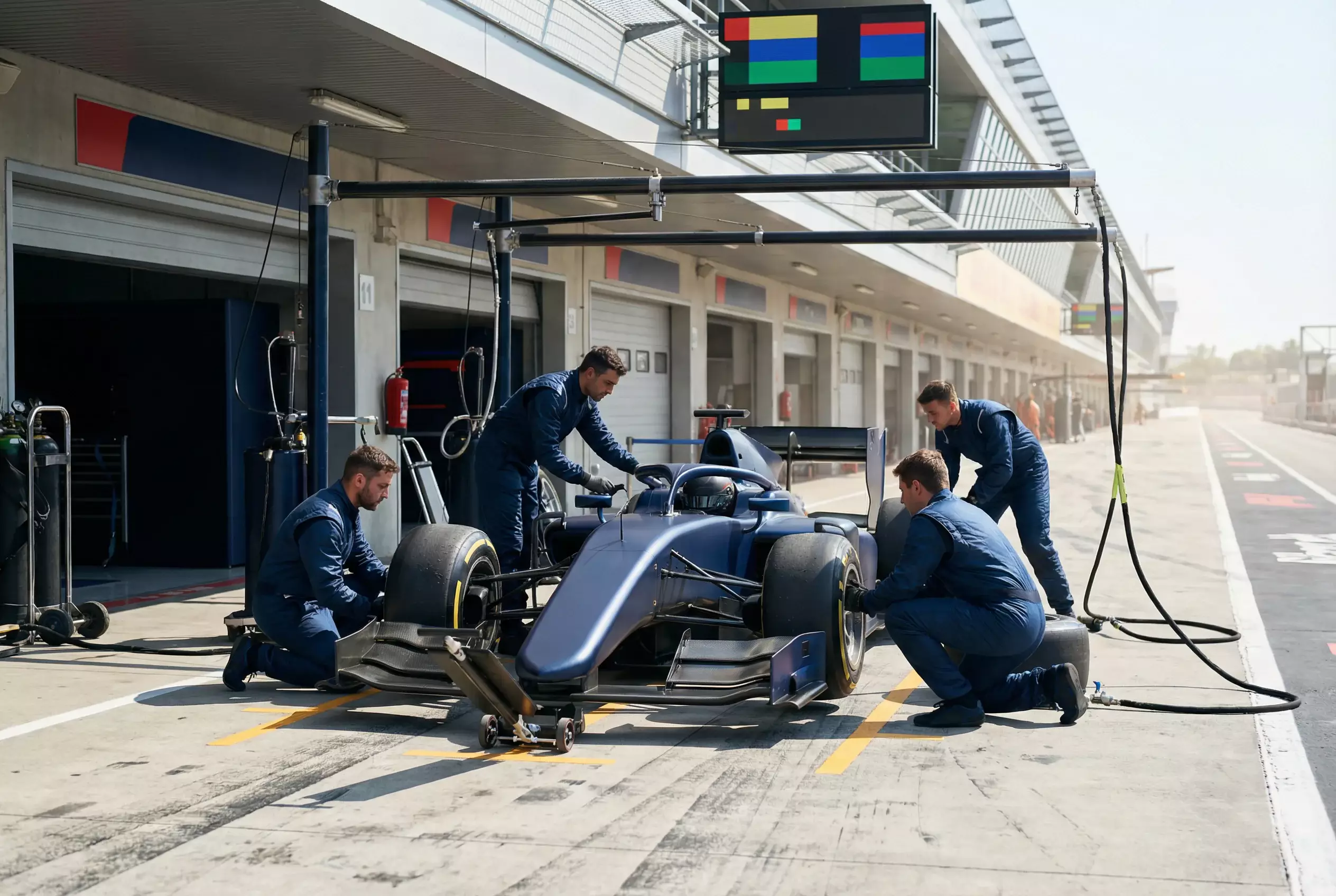 Formel 1 Bolide in der Boxengasse während eines Rennwochenendes mit Mechanikern im Hintergrund