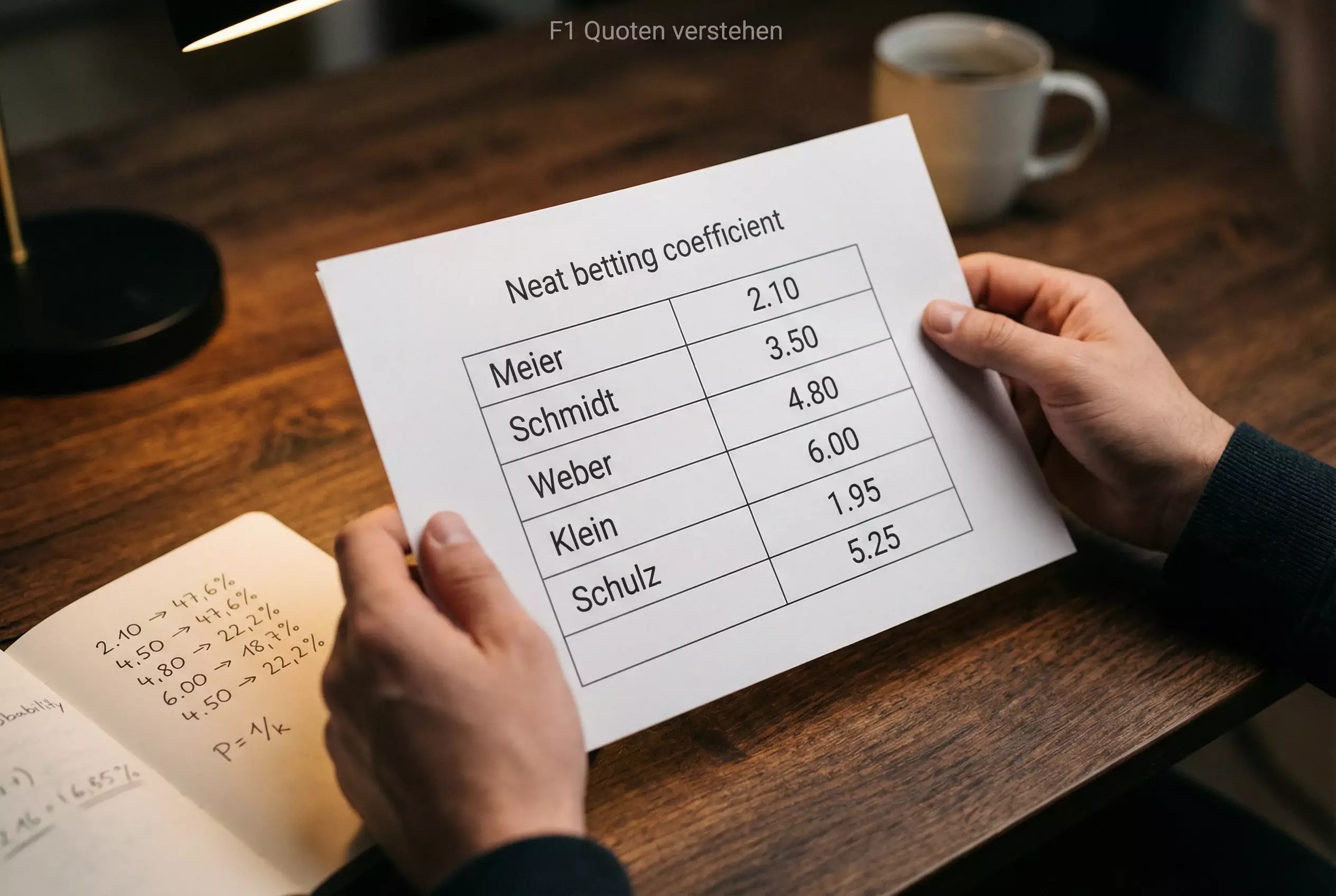 Formel 1 Quotenanalyse – Nahaufnahme einer Quotentafel mit F1-Fahrernamen und Dezimalquoten