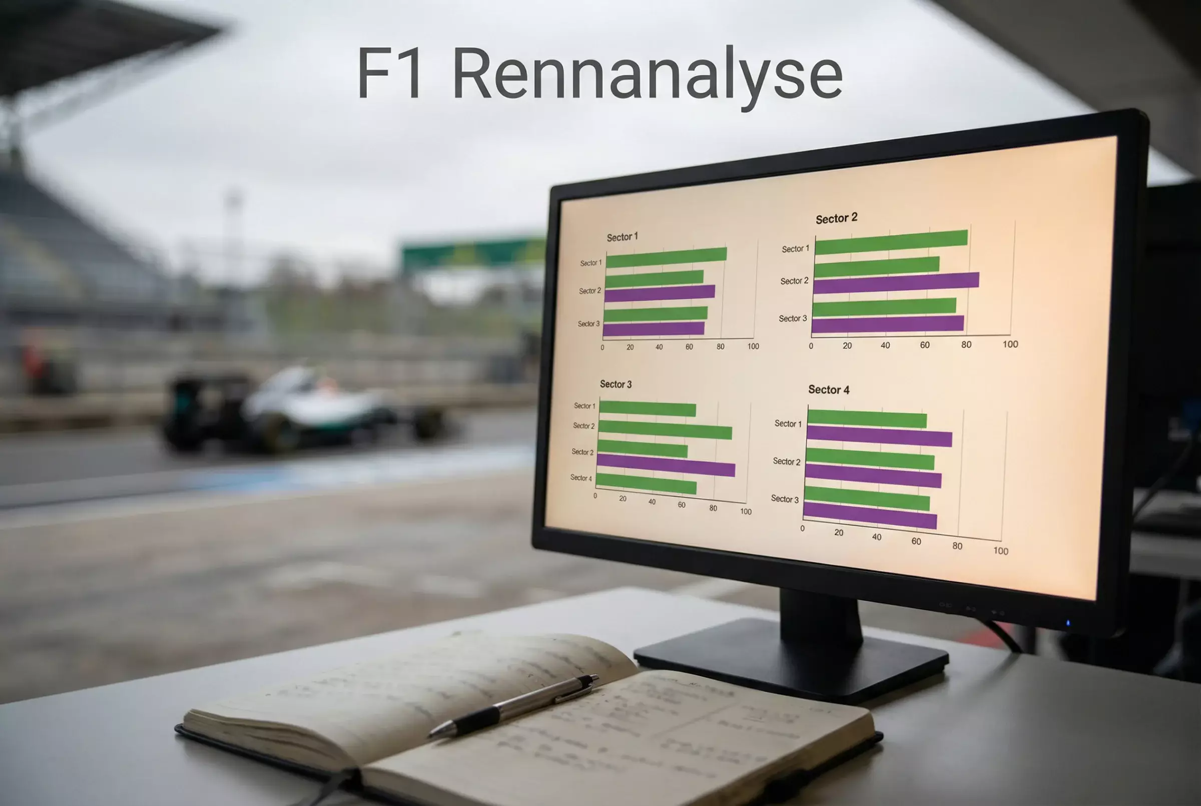Formel 1 Rennanalyse – Blick auf Monitore mit Sektorzeiten und Telemetriedaten an der Boxenmauer