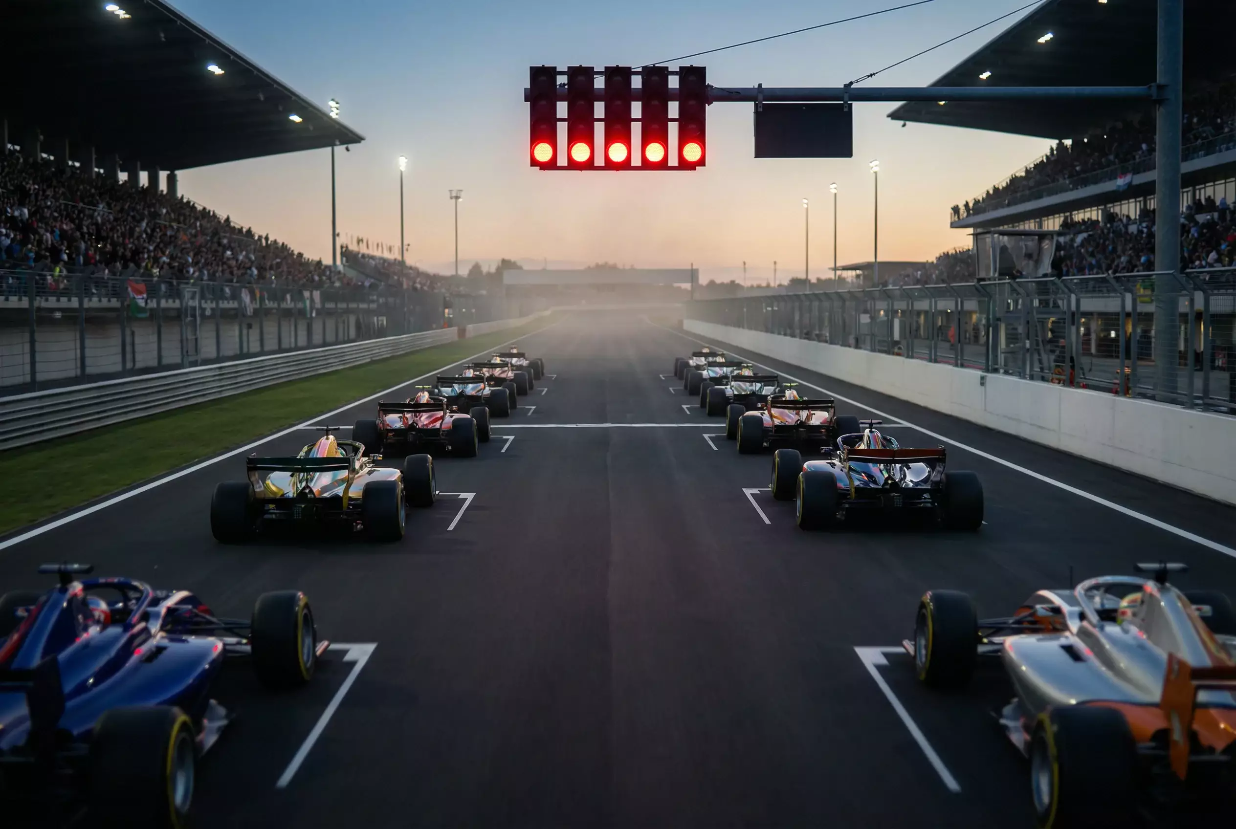 Formel 1 Startaufstellung auf einer Rennstrecke bei Dämmerung mit leuchtenden Ampeln über der Startgerade