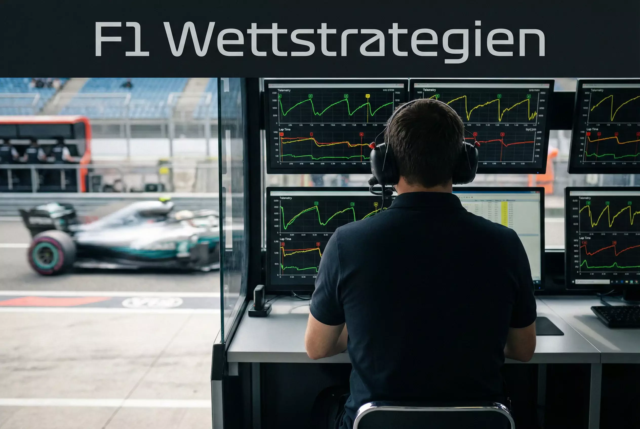 Formel 1 Wettstrategien – Renningenieur analysiert Daten am Bildschirm in der Boxengasse